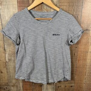 Roxy Womens Striped Short Sleeve T-Shirt Navy Blue White Logo Medium Surf